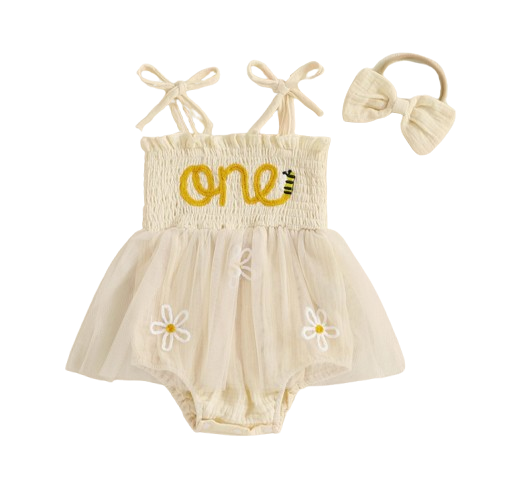 The Myra - Baby Girl Embroidered Romper Dress & Bow Headband Summer Outfit
