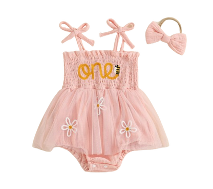 The Myra - Baby Girl Embroidered Romper Dress & Bow Headband Summer Outfit