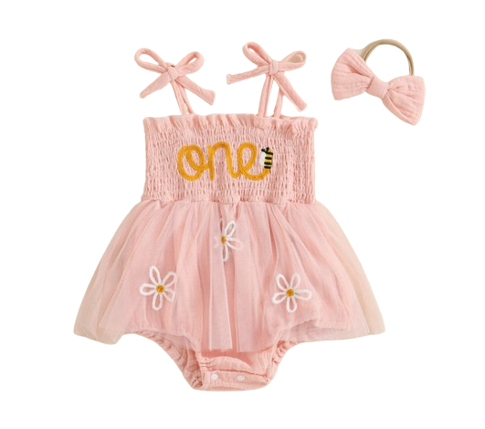 The Myra - Baby Girl Embroidered Romper Dress & Bow Headband Summer Outfit