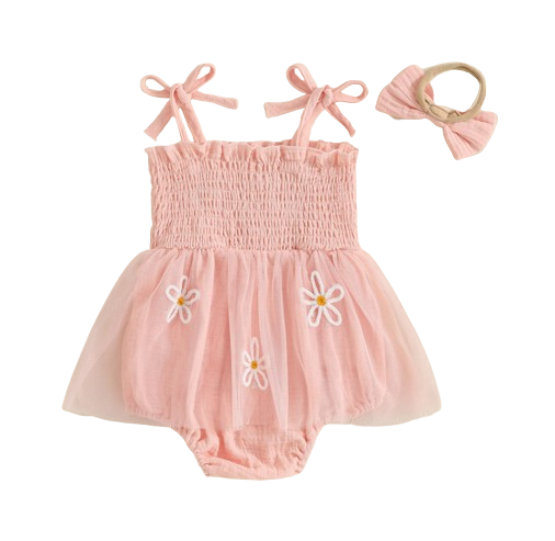 The Myra - Baby Girl Embroidered Romper Dress & Bow Headband Summer Outfit