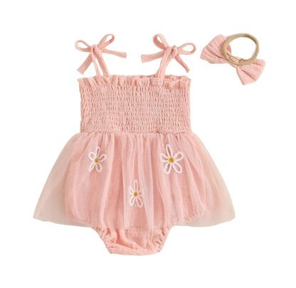 The Myra - Baby Girl Embroidered Romper Dress & Bow Headband Summer Outfit