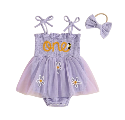 The Myra - Baby Girl Embroidered Romper Dress & Bow Headband Summer Outfit
