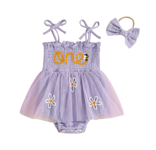 The Myra - Baby Girl Embroidered Romper Dress & Bow Headband Summer Outfit