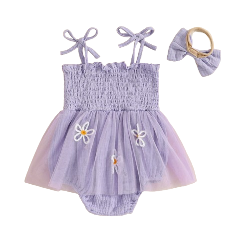 The Myra - Baby Girl Embroidered Romper Dress & Bow Headband Summer Outfit