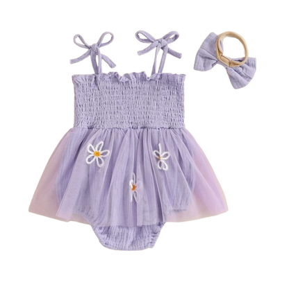 The Myra - Baby Girl Embroidered Romper Dress & Bow Headband Summer Outfit