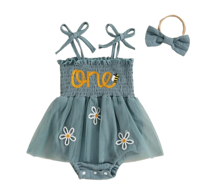 The Myra - Baby Girl Embroidered Romper Dress & Bow Headband Summer Outfit