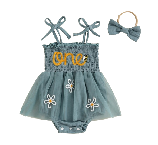 The Myra - Baby Girl Embroidered Romper Dress & Bow Headband Summer Outfit