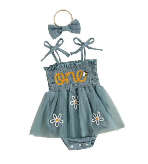 The Myra - Baby Girl Embroidered Romper Dress & Bow Headband Summer Outfit
