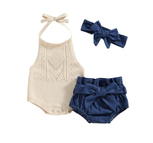 The Isabela - Baby Girl 3PCS Halter Knit Romper Denim Shorts & Headband Summer Set