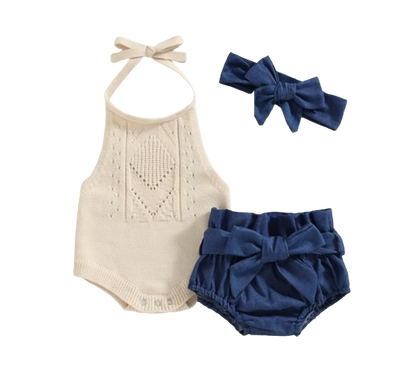 The Isabela - Baby Girl 3PCS Halter Knit Romper Denim Shorts & Headband Summer Set
