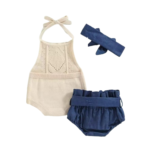 The Isabela - Baby Girl 3PCS Halter Knit Romper Denim Shorts & Headband Summer Set