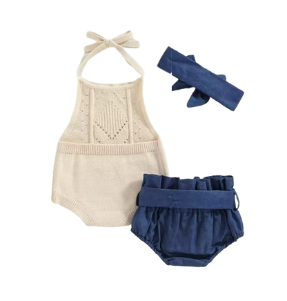 The Isabela - Baby Girl 3PCS Halter Knit Romper Denim Shorts & Headband Summer Set