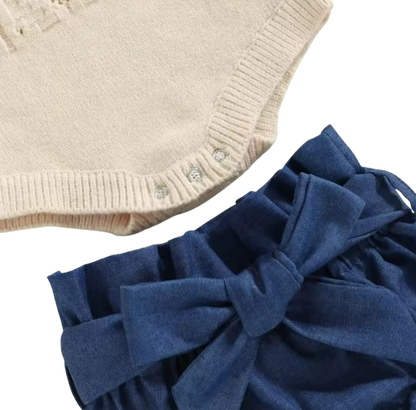 The Isabela - Baby Girl 3PCS Halter Knit Romper Denim Shorts & Headband Summer Set