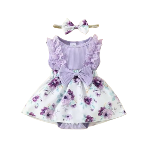 The Jessica - Baby Girl Sleeveless Lace Dress & Headband Flower Bow Summer Outfit