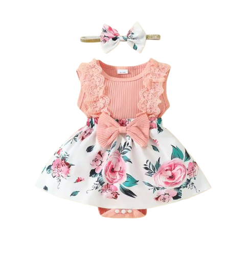 The Jessica - Baby Girl Sleeveless Lace Dress & Headband Flower Bow Summer Outfit