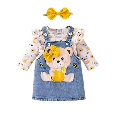 The Jolene - Baby Girl Bear Denim Overalls Sunflower Top & Headband Outfit 3PCS