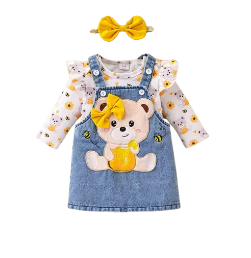 The Jolene - Baby Girl Bear Denim Overalls Sunflower Top & Headband Outfit 3PCS