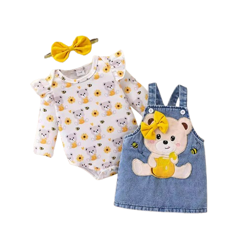 The Jolene - Baby Girl Bear Denim Overalls Sunflower Top & Headband Outfit 3PCS