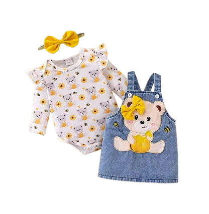 The Jolene - Baby Girl Bear Denim Overalls Sunflower Top & Headband Outfit 3PCS