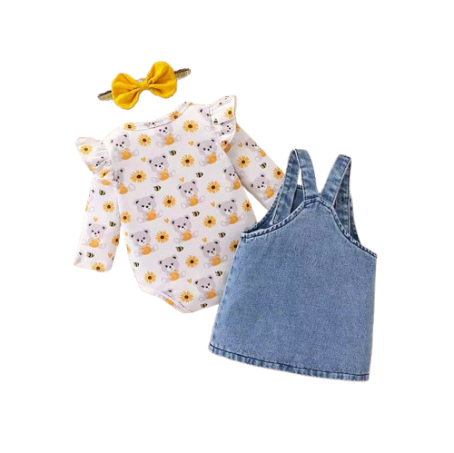 The Jolene - Baby Girl Bear Denim Overalls Sunflower Top & Headband Outfit 3PCS