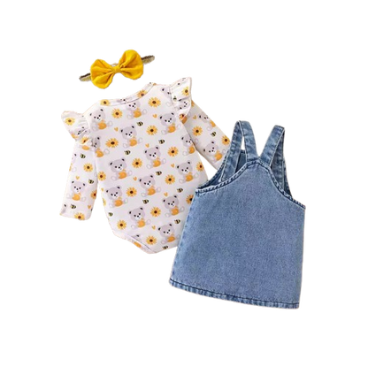 The Jolene - Baby Girl Bear Denim Overalls Sunflower Top & Headband Outfit 3PCS