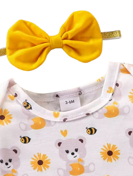 The Jolene - Baby Girl Bear Denim Overalls Sunflower Top & Headband Outfit 3PCS