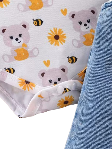 The Jolene - Baby Girl Bear Denim Overalls Sunflower Top & Headband Outfit 3PCS