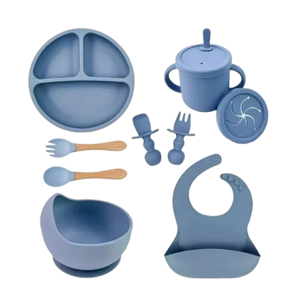 The Azriel - Baby Silicone 9 Pcs Feeding Set Suction Plate Bowl Cup & Wooden Spoon Fork