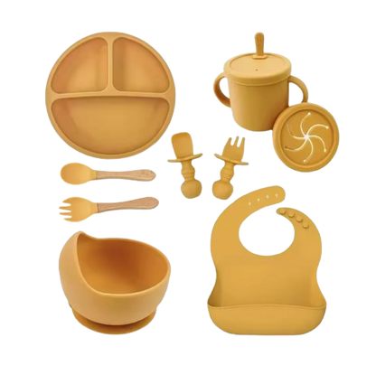 The Azriel - Baby Silicone 9 Pcs Feeding Set Suction Plate Bowl Cup & Wooden Spoon Fork