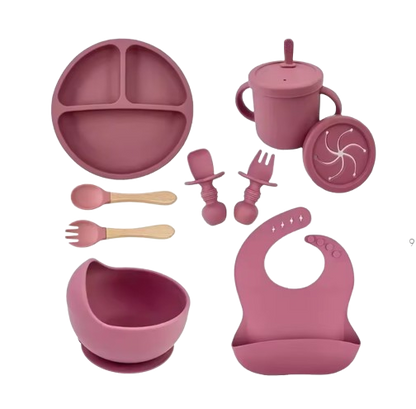The Azriel - Baby Silicone 9 Pcs Feeding Set Suction Plate Bowl Cup & Wooden Spoon Fork