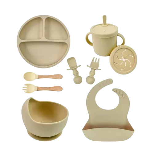 The Azriel - Baby Silicone 9 Pcs Feeding Set Suction Plate Bowl Cup & Wooden Spoon Fork