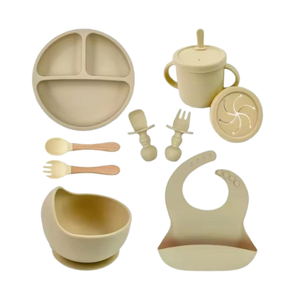 The Azriel - Baby Silicone 9 Pcs Feeding Set Suction Plate Bowl Cup & Wooden Spoon Fork