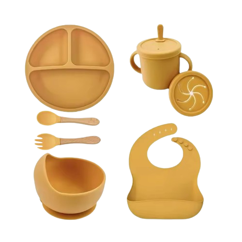 The Azriel - Baby Silicone 7Pcs Feeding Set Suction Plate Bowl Cup & Wooden Spoon Fork