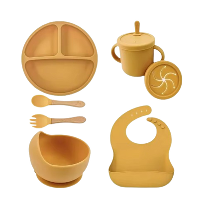 The Azriel - Baby Silicone 7Pcs Feeding Set Suction Plate Bowl Cup & Wooden Spoon Fork