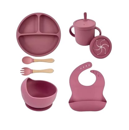 The Azriel - Baby Silicone 7Pcs Feeding Set Suction Plate Bowl Cup & Wooden Spoon Fork