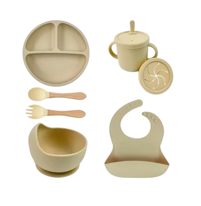 The Azriel - Baby Silicone 7Pcs Feeding Set Suction Plate Bowl Cup & Wooden Spoon Fork