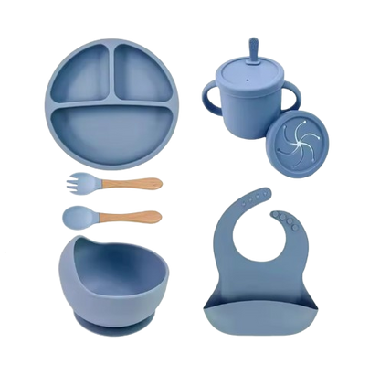 The Azriel - Baby Silicone 7Pcs Feeding Set Suction Plate Bowl Cup & Wooden Spoon Fork
