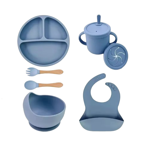 The Azriel - Baby Silicone 7Pcs Feeding Set Suction Plate Bowl Cup & Wooden Spoon Fork