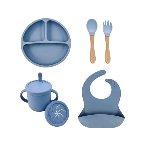The Azriel - Baby Silicone 6Pcs Feeding Set Suction Plate Bowl Cup & Wooden Spoon Fork