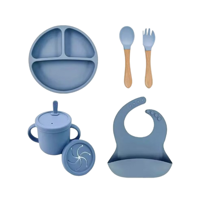 The Azriel - Baby Silicone 6Pcs Feeding Set Suction Plate Bowl Cup & Wooden Spoon Fork