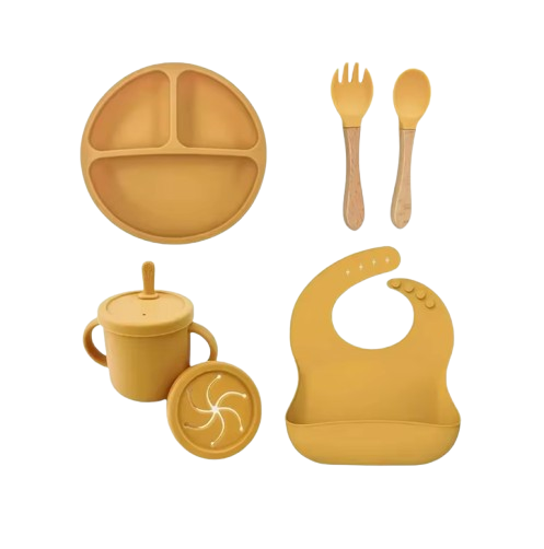 The Azriel - Baby Silicone 6Pcs Feeding Set Suction Plate Bowl Cup & Wooden Spoon Fork