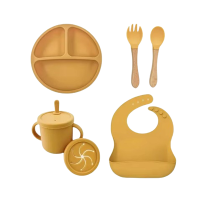 The Azriel - Baby Silicone 6Pcs Feeding Set Suction Plate Bowl Cup & Wooden Spoon Fork