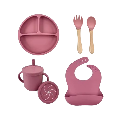 The Azriel - Baby Silicone 6Pcs Feeding Set Suction Plate Bowl Cup & Wooden Spoon Fork