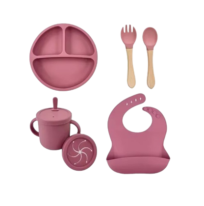 The Azriel - Baby Silicone 6Pcs Feeding Set Suction Plate Bowl Cup & Wooden Spoon Fork
