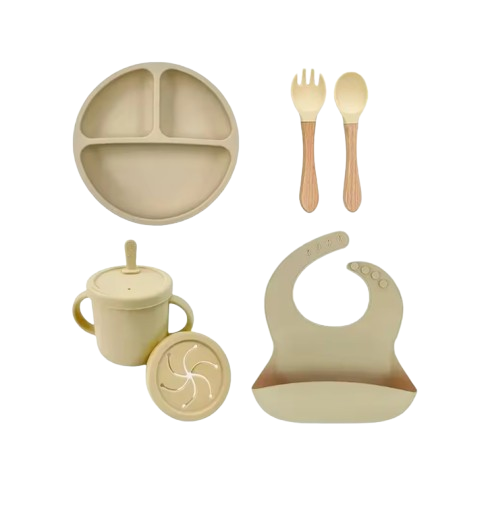 The Azriel - Baby Silicone 6Pcs Feeding Set Suction Plate Bowl Cup & Wooden Spoon Fork