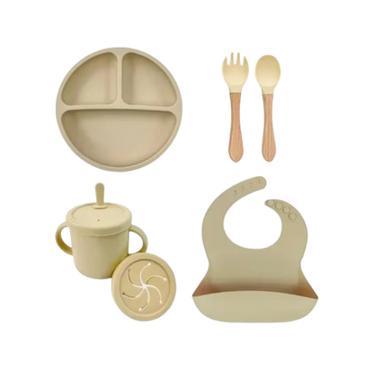 The Azriel - Baby Silicone 6Pcs Feeding Set Suction Plate Bowl Cup & Wooden Spoon Fork