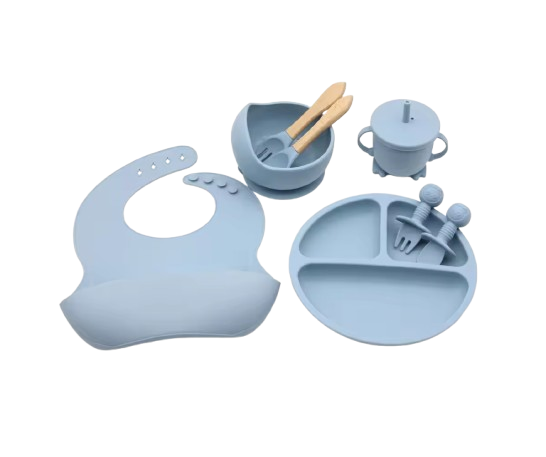 The Lux - Baby Silicone Feeding Set 8PCS Bib Plate Bowl Cup & Wooden Spoon Fork