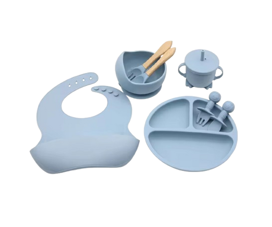 The Lux - Baby Silicone Feeding Set 8PCS Bib Plate Bowl Cup & Wooden Spoon Fork