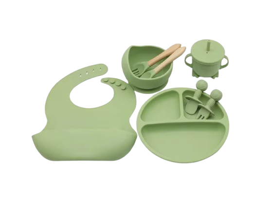 The Lux - Baby Silicone Feeding Set 8PCS Bib Plate Bowl Cup & Wooden Spoon Fork