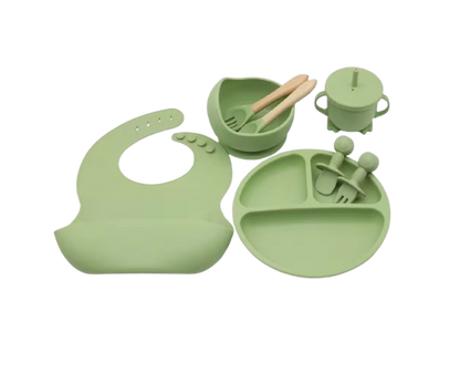The Lux - Baby Silicone Feeding Set 8PCS Bib Plate Bowl Cup & Wooden Spoon Fork